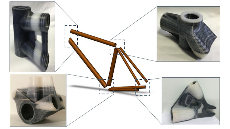 Fibre reinforced 3D printed nylon lugs as part of modular bamboo bicycle frame